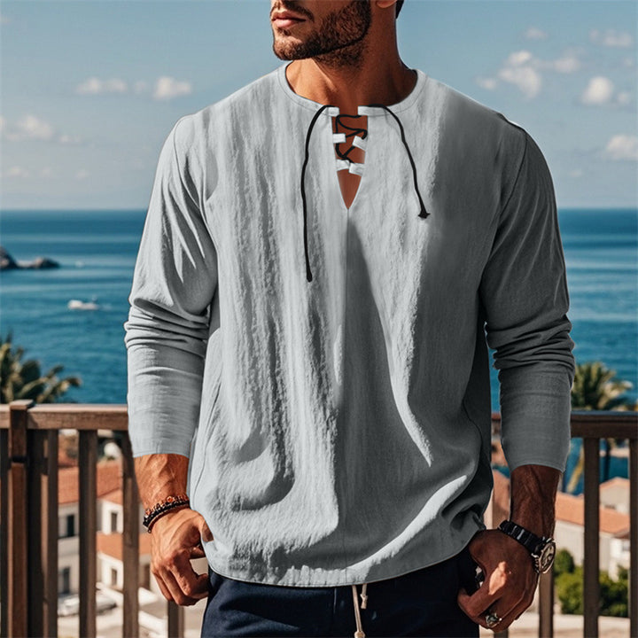 Herren modisches Langarmshirt mit Schnürung und V-Ausschnitt Echoarchiv