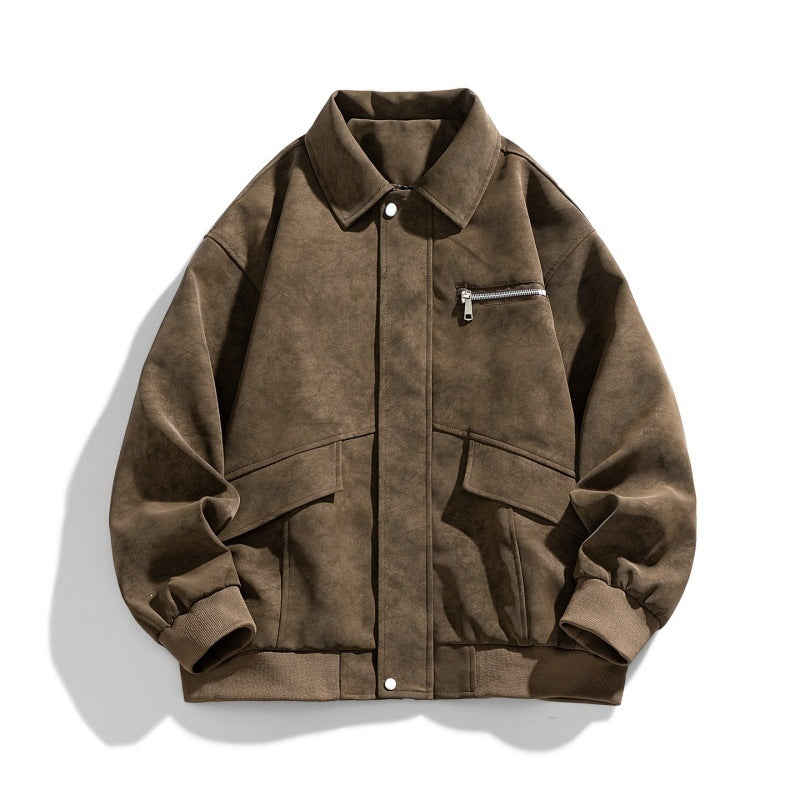 Herren Oversize Bomberjacke im Veloursleder‑Look mit Brustreißverschluss & Pattentaschen Echoarchiv