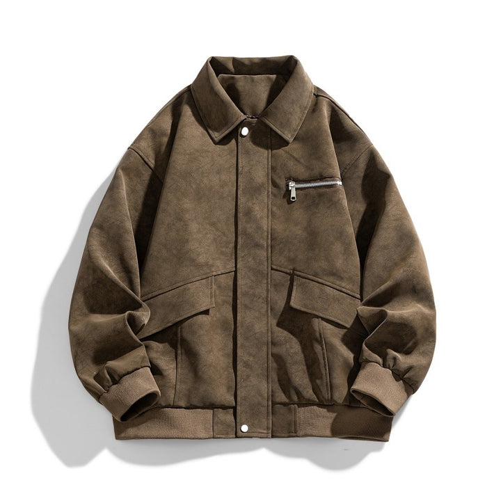 Herren Oversize Bomberjacke im Veloursleder‑Look mit Brustreißverschluss & Pattentaschen Echoarchiv