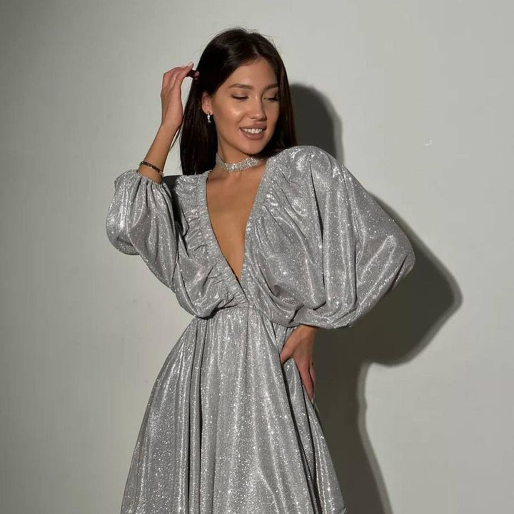 Damen Glitzerndes Abendkleid mit tiefem V Ausschnitt, Ballonärmeln und taillenbetonter Glockenrock Echoarchiv