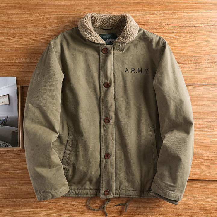 Herren militärisch inspirierte Canvasjacke mit Teddykragen, isolierender Innenlage und Kordelzug – Taviero