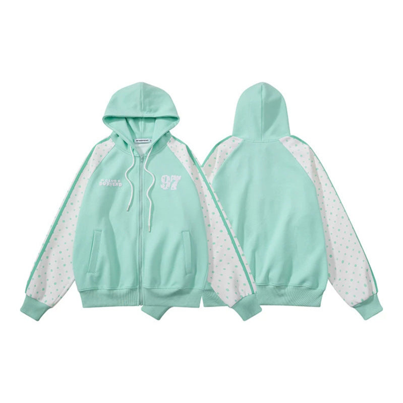 Damen Kapuzen‑Sweatjacke mit durchgehendem Reißverschluss, Raglanärmeln und Polka‑Dot‑Einsätzen Echoarchiv