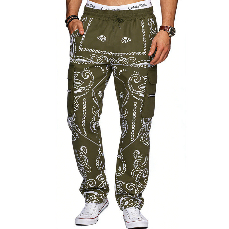 Herren Cargo-Hose mit Bandana-Print, elastischem Bund und Zipper-Taschen – Bravaro