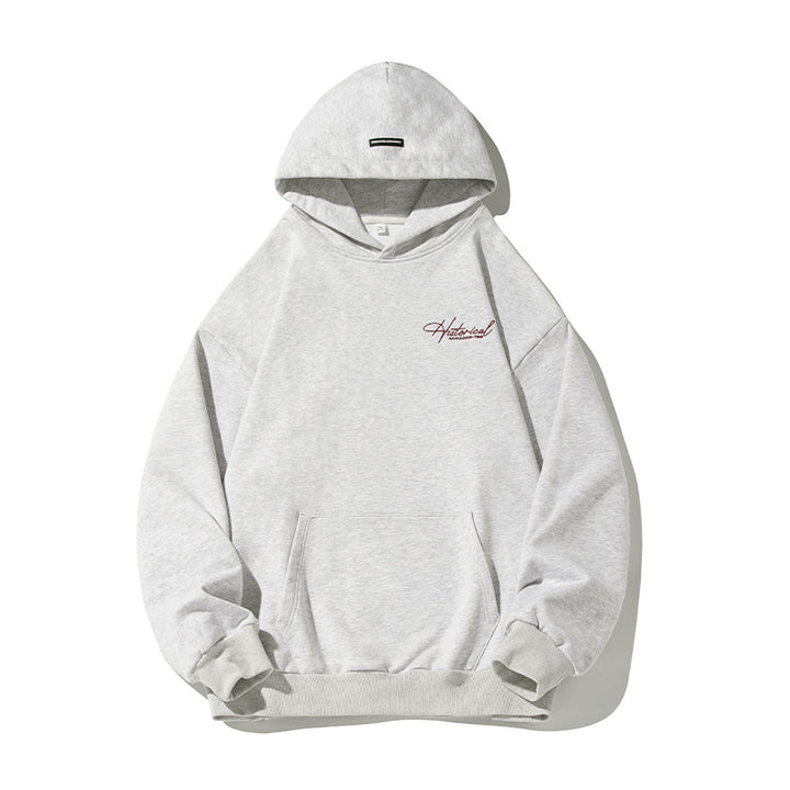 Unisex Komfort-Kapuzenpullover mit verlängertem Rückenteil, Raglanärmeln und Script-Stickerei Echo Archiv
