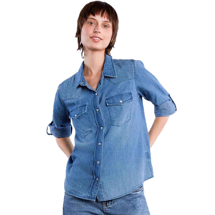 Damen lässige Denim-Bluse mit aufgesetzten Taschen und leicht tailliertem Schnitt Echo Archiv