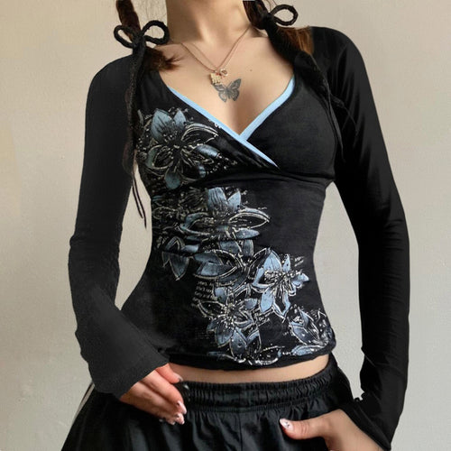 Damen Langarm-Crossover-Top mit V-Ausschnitt, floraler Seitenprint und Kontrastbesatz – Orélia