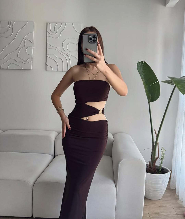 Damen elegantes Bodenkleid mit gerafftem Design und verstellbarem Gürtel Echo Archiv