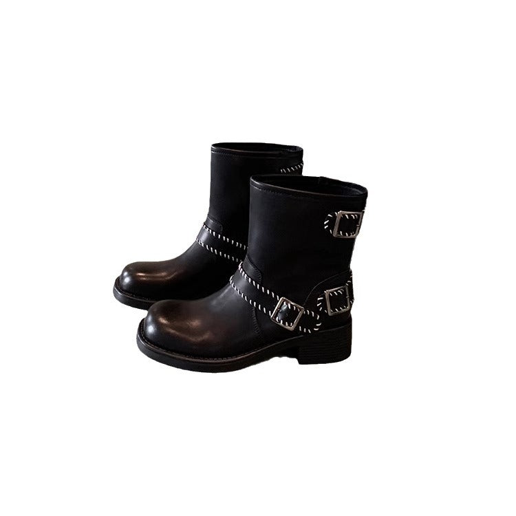 Damen Biker‑Stiefelette aus Glattleder mit dekorativer Ziernaht, Doppelriemen und robuster Profilsohle Echo Archiv