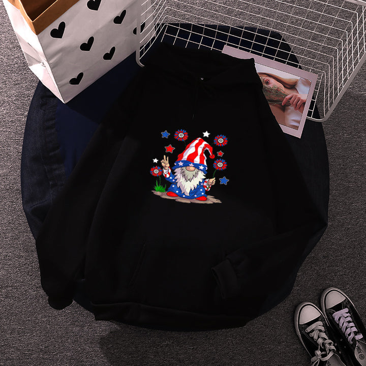 Damen Kapuzenpullover mit patriotischem Gartenzwerg-Print, angerautem Fleece-Innenfutter, Oversize-Schnitt und Kängurutasche – Auréline