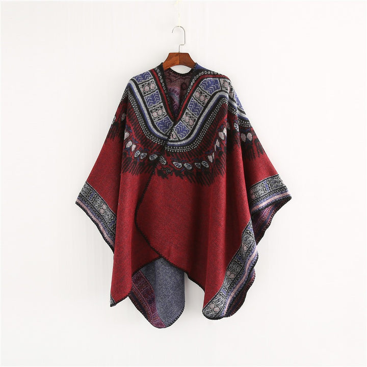 Damen Oversize-Poncho im Ethno-Jacquard mit V-Ausschnitt und strukturiertem Saum Echo Archiv
