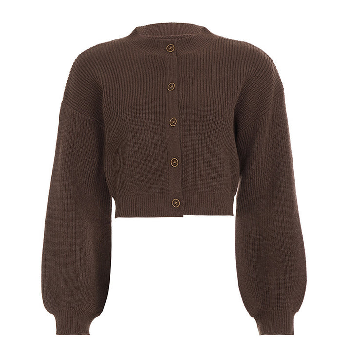 Damen Kurzgeschnittene Rippstrick-Cardigan mit Ballonärmeln und Zierknopfleiste – Veloura