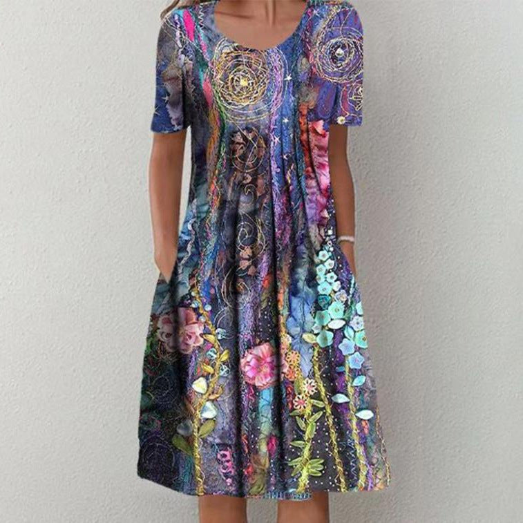 Frauen Mehrfarbige A-Linien Midi Kleid mit Taschen und Abstraktem Blumenmuster – Élara