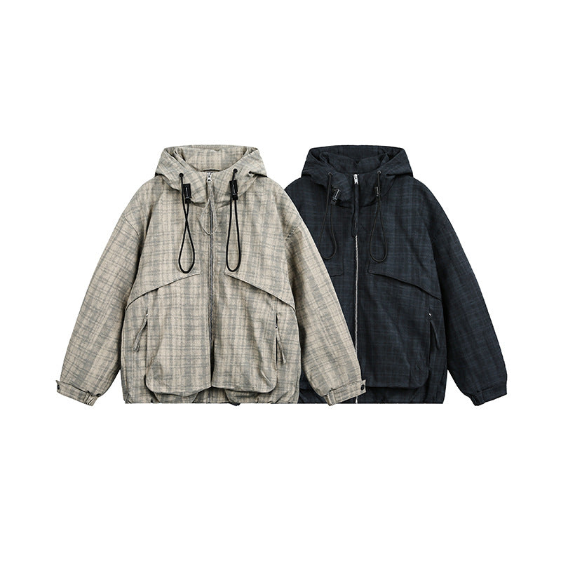 Unisex Oversize Utility Kapuzenjacke mit Karomuster und Kordelzug Echoarchiv