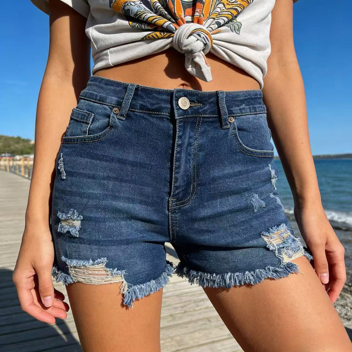 Damen Destroyed Denim-Shorts mit fransigem Saum und stylischen Rissdetails Echo Archiv