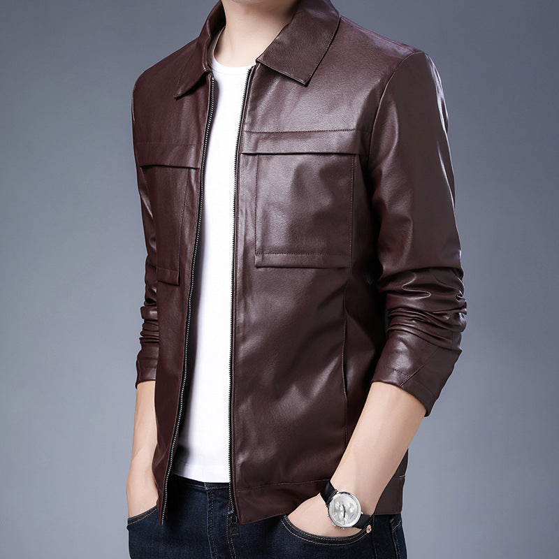 Herren minimalistisches Kunstleder-Zipblouson mit Hemdkragen und Pattentaschen Echoarchiv