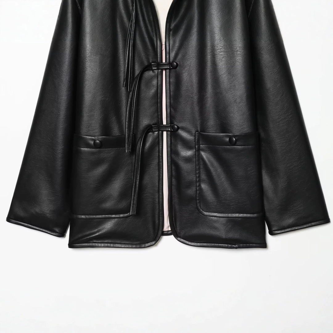 Damen Oversize Kunstlederjacke mit Kordel-Knotenverschluss und aufgesetzten Taschen Echo Archiv