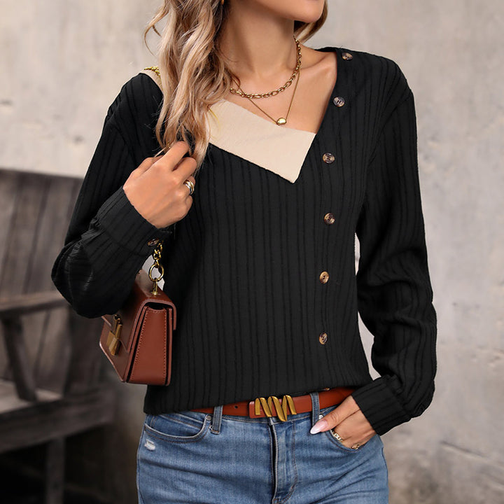 Damen Rippstrick-Top mit asymmetrischer Knopfleiste und kontrastierendem V‑Einsatz Echoarchiv