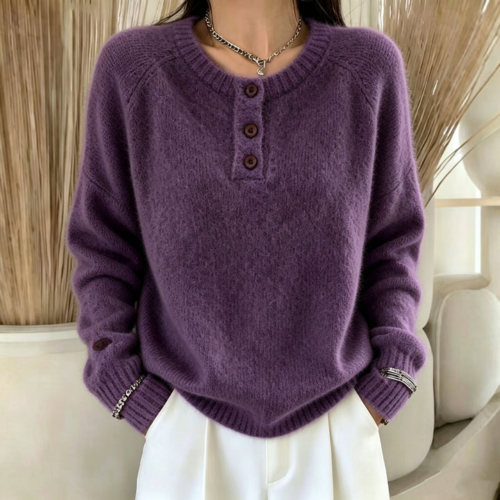 Damen Kuscheliger Rundhals-Henley-Pullover mit Knopfleiste und Raglanärmeln – Mavelle