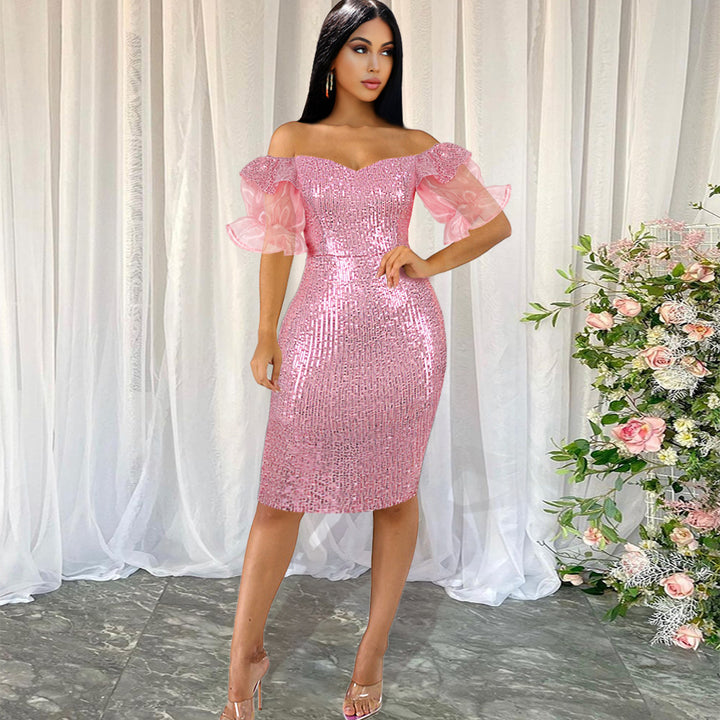 Damen Glitzerndes Cocktailkleid mit schulterfreiem Design und voluminösen Puffärmeln Echo Archiv