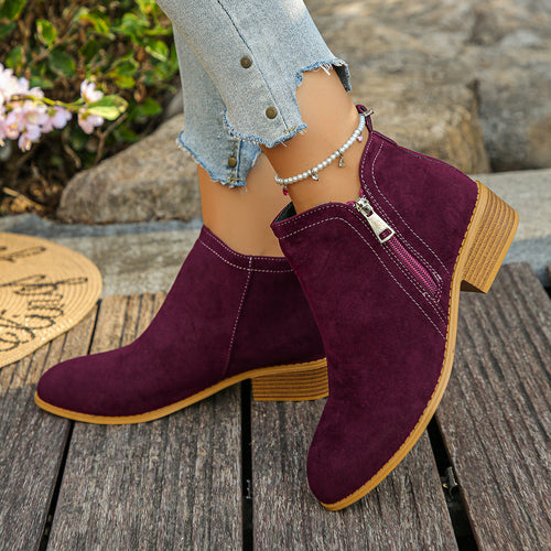 Damen elegante Ankle-Boots aus Velourslederimitat mit seitlichem Reißverschluss und niedrigem Blockabsatz Echo Archiv