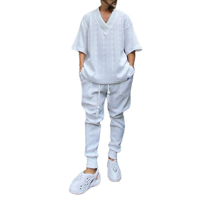 Herren Grobgestricktes Lounge-Set mit tiefem V‑Ausschnitt und Kordelzug-Jogger Echoarchiv