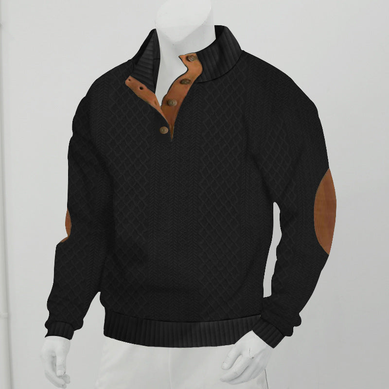 Herren Strukturierter Aran-Strickpullover mit halbem Knopfleistenkragen und Leder-Ellbogenpatches Echoarchiv