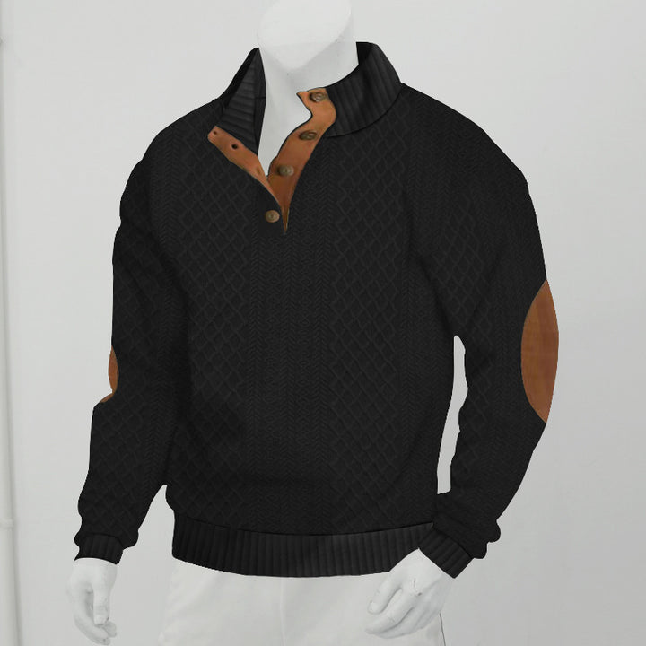 Herren Strukturierter Aran-Strickpullover mit halbem Knopfleistenkragen und Leder-Ellbogenpatches Echoarchiv