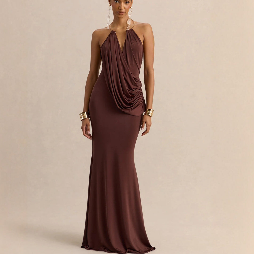 Damen Raffiniertes Maxikleid mit tiefem V-Ausschnitt und Drapierung Echo Archiv
