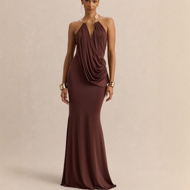 Damen Raffiniertes Maxikleid mit tiefem V-Ausschnitt und Drapierung Echo Archiv