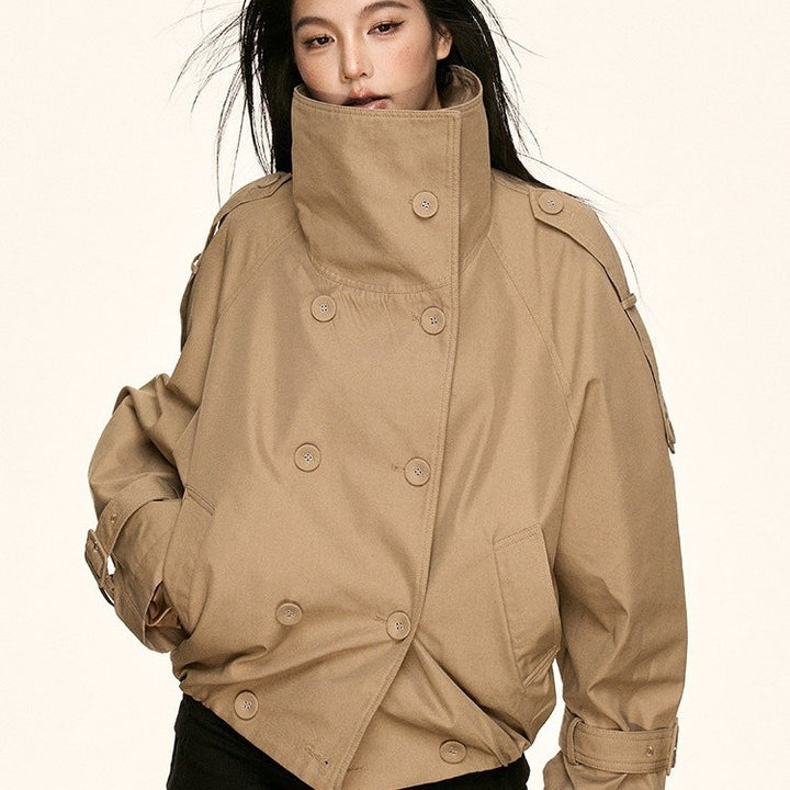 Damen Oversized Doppelreihige Trench-Bomberjacke mit hohem Stehkragen Echoarchiv