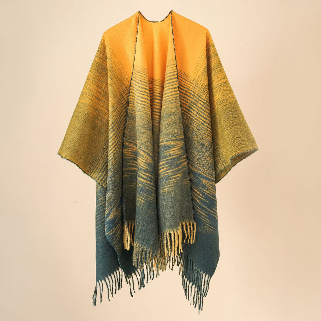 Damen Fransen‑Cape aus Wollmix mit offenem Fall und reversiblem Jacquard Echo Archiv