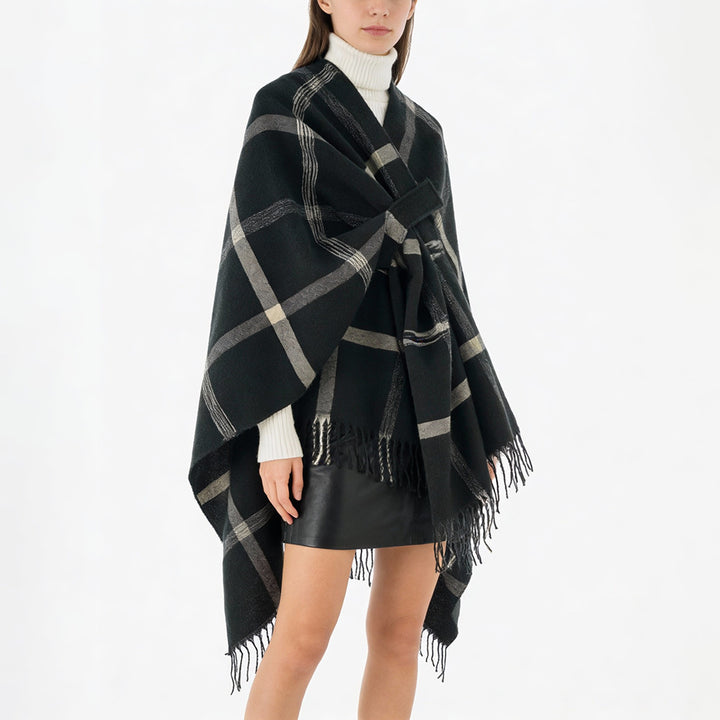 Damen Oversize-Capeponcho aus Wollmix mit Bindegürtel, Fransen und großem Karomuster Echo Archiv