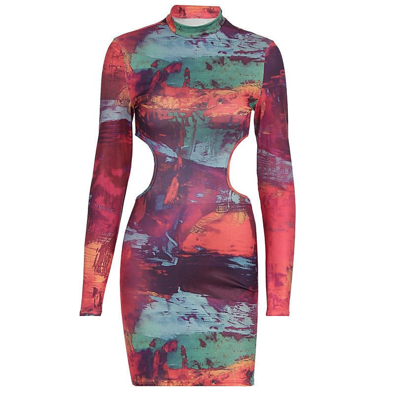 Damen figurbetontes Cut-Out Kleid mit hochgeschlossenem Kragen und luxuriösem Muster Echo Archiv