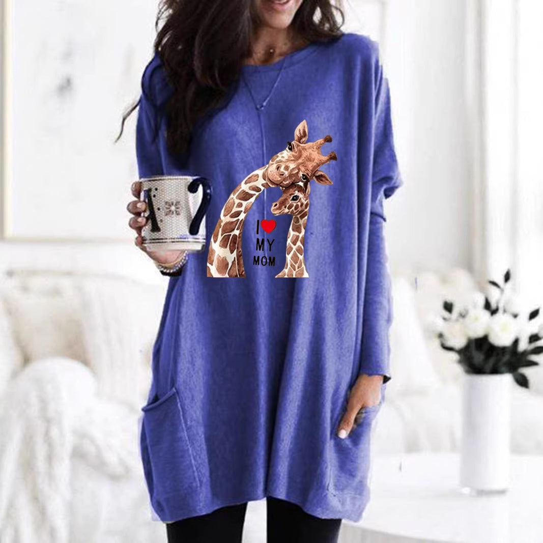 Frauen Übergroße Sweatkleid mit Giraffenmuster, Rundhalsausschnitt und Seitentaschen Echoarchiv