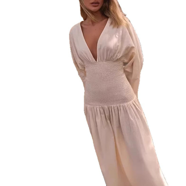 Damen Langes Boho-Maxi-Kleid mit Smock-Taillenband, tiefem V‑Ausschnitt und weiten Ballonärmeln – Valéora