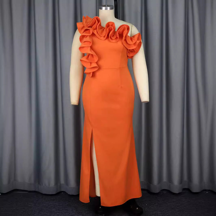 Damen Elegantes Maxikleid mit asymmetrischen Rüschen und Schlitz Echo Archiv