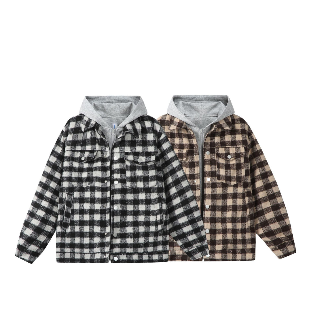 Damen Kurzblouson im Shacket‑Stil mit Karo‑Wolloptik und integrierter Sweatkapuze Echoarchiv