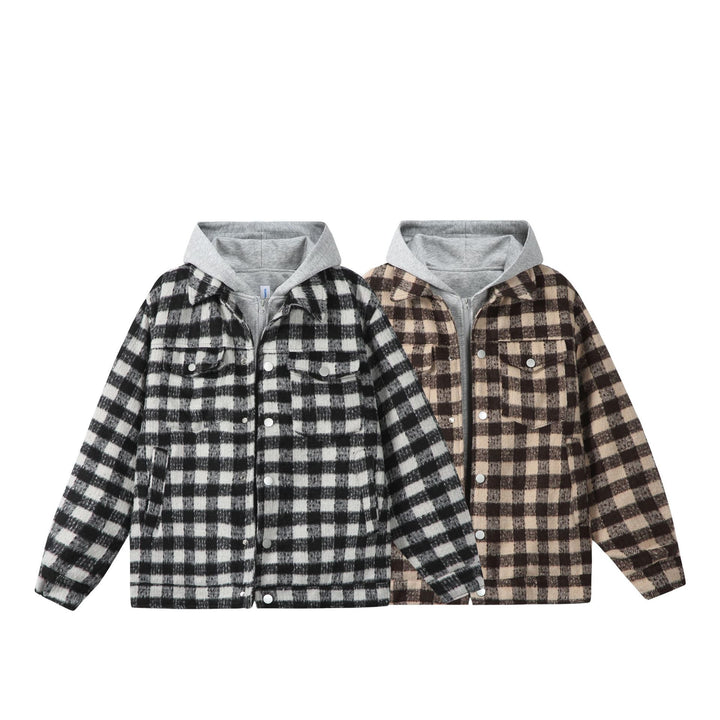 Damen Kurzblouson im Shacket‑Stil mit Karo‑Wolloptik und integrierter Sweatkapuze Echoarchiv