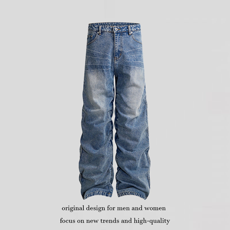 Damen weite High-Waist Denim-Hose im Baggy-Look mit gerafften Beinen und Vintage-Wash Echoarchiv