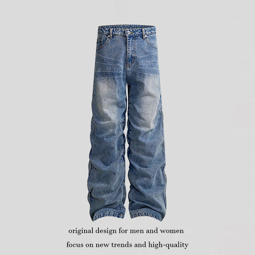 Damen weite High-Waist Denim-Hose im Baggy-Look mit gerafften Beinen und Vintage-Wash Echoarchiv