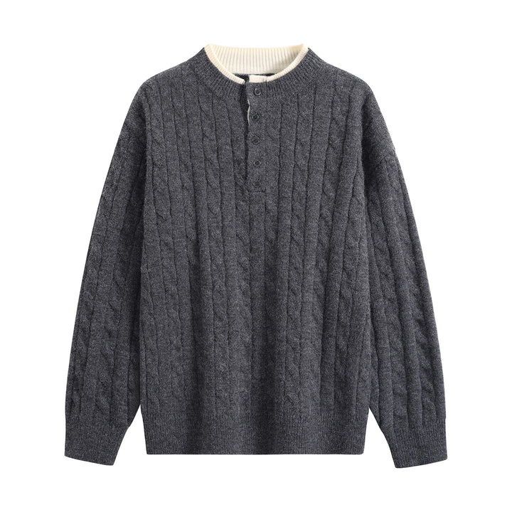 Unisex Oversize Zopfstrick-Henley-Pullover mit Knopfleiste und geripptem Saum Echoarchiv