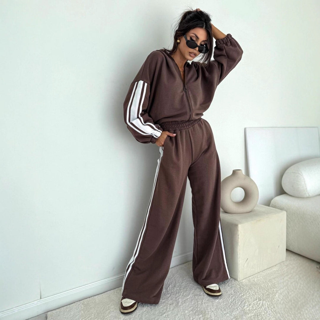 Damen cropped Zip-Hoodie mit voluminösen Ballonärmeln und High-Waist Relaxhose im sportlichen Seitenstreifen-Design – Auréline