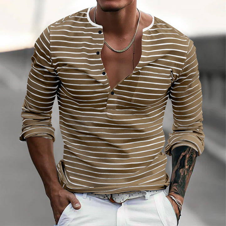 Herren modisches Langarm-Henley-Shirt mit Streifenmuster Echoarchiv