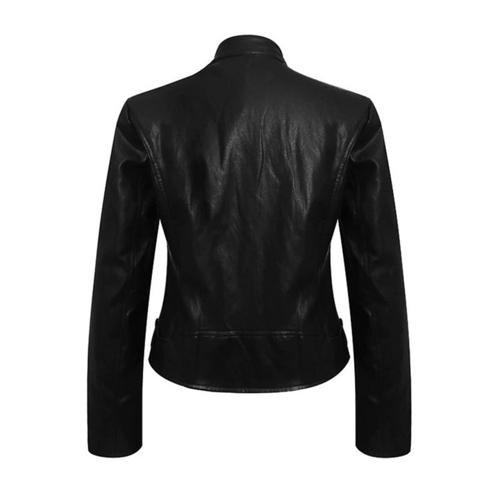 Damen Taillierte Lederoptik-Jacke mit Stehkragen, Schulterklappen und Taillengürtel Echoarchiv