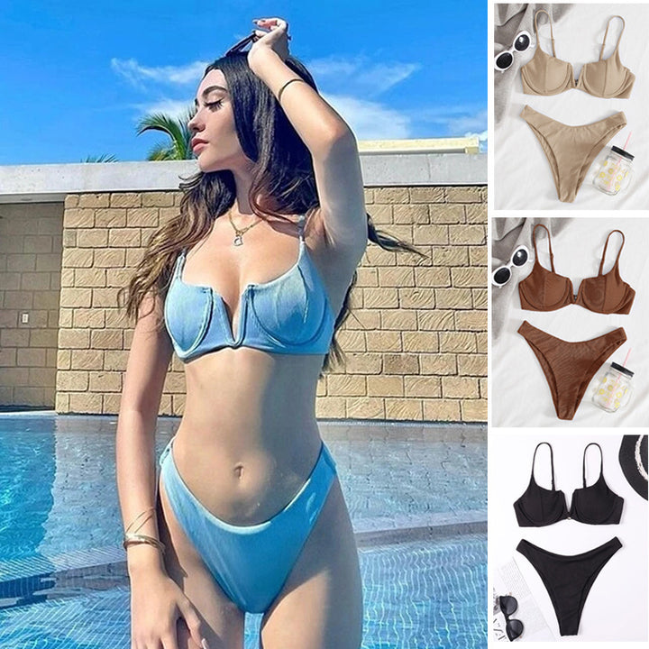 Damen Hoch geschnittenes Bikini-Set mit strukturiertem Oberteil Echo Archiv
