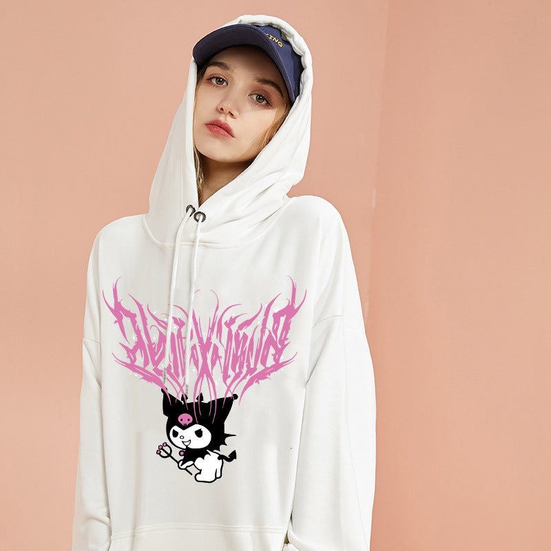Damen lockeres Kapuzensweatshirt aus angerautem Fleece mit Kängurutasche und kawaii-Charakter-Print – Auréline
