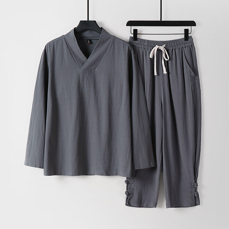 Herren Lockeres Loungewear-Set mit V-Notch-Stehkragen und Kordelzug-Hose Echoarchiv