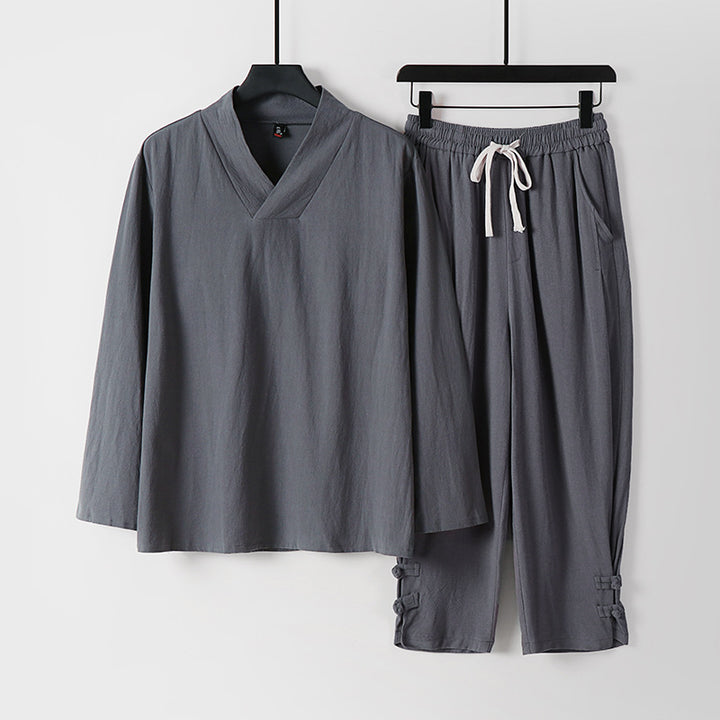 Herren Lockeres Loungewear-Set mit V-Notch-Stehkragen und Kordelzug-Hose Echoarchiv