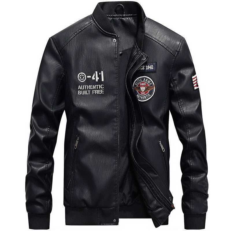 Herren nan leichte Kunstleder-Bomberjacke im Pilotenstil mit gestickten Patches und verdeckter Reißverschlussleiste Echo Archiv