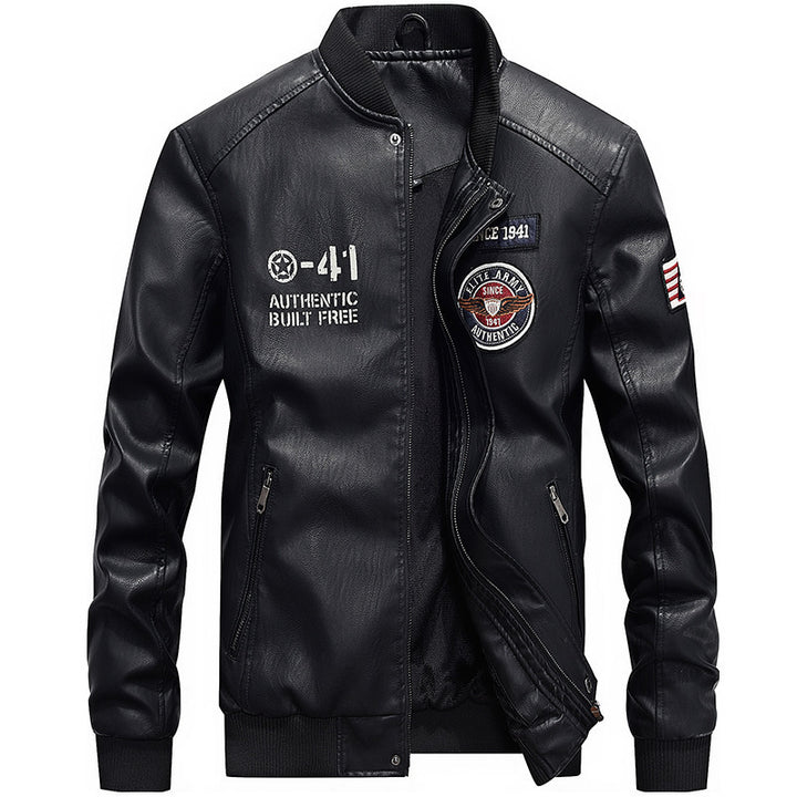 Herren nan leichte Kunstleder-Bomberjacke im Pilotenstil mit gestickten Patches und verdeckter Reißverschlussleiste Echo Archiv